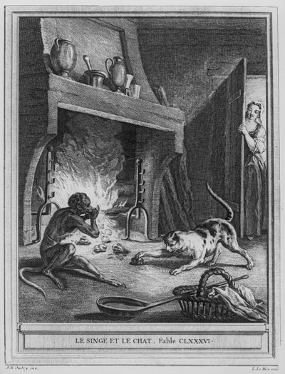 サルと猫、ルイルミル（1736-57）によって彫刻されたジャンドゥラフォンテーヌ（1621-95）による「寓話」のイラスト 作： Jean Baptiste Oudry